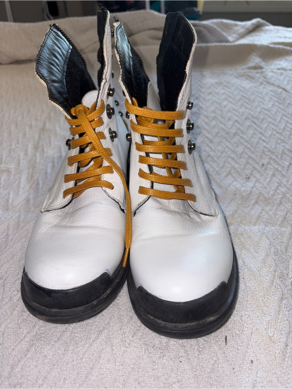 Bueno White Leather Lace-Up Boots with Mustard Laces